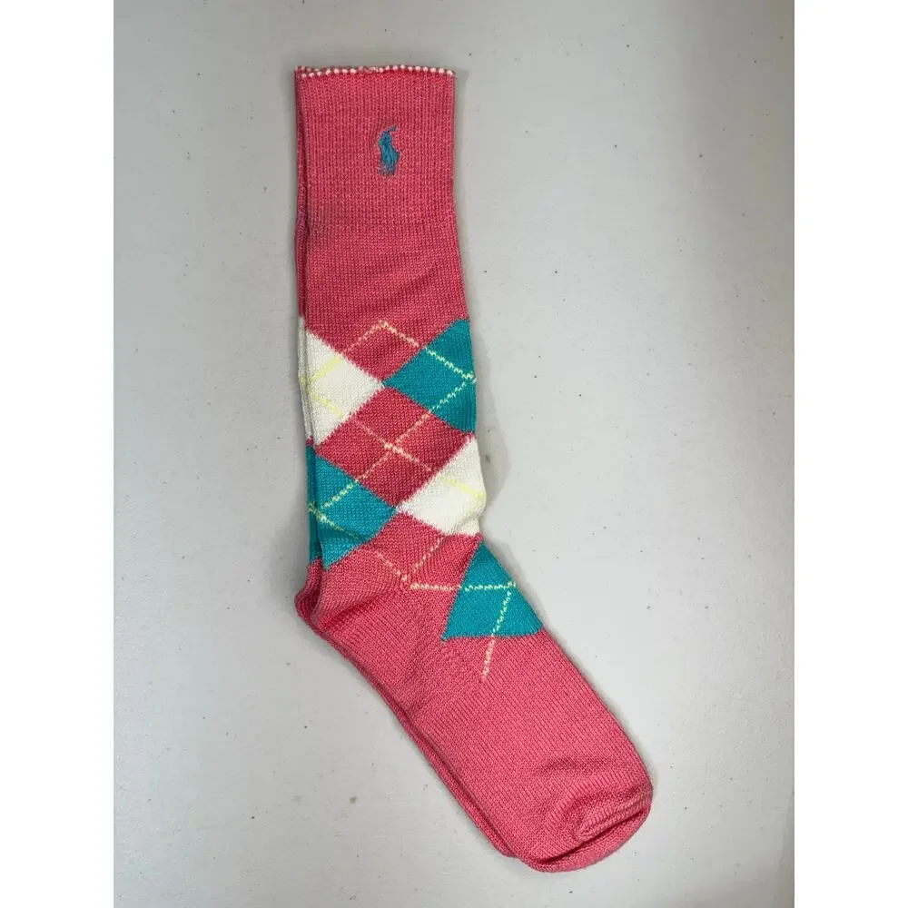 VTG Polo Ralph Lauren Argyle Crew Trouser Socks Pink & Blue Iconic Pony Logo